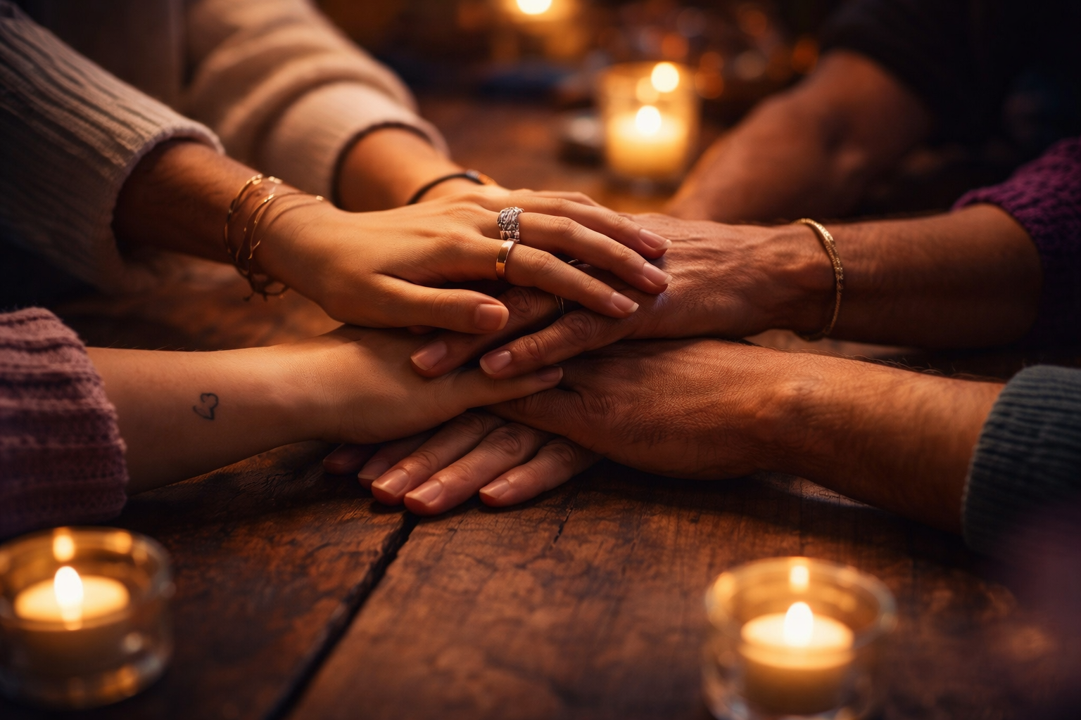 ידיים שלובות יחד על שולחן עץ