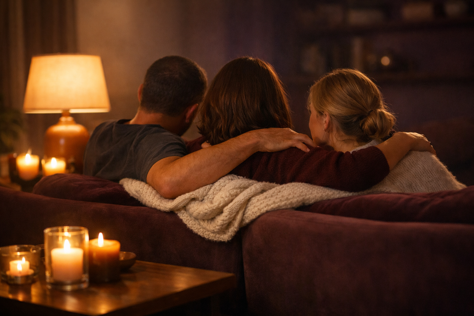 שלושה אנשים יושבים יחד על ספה בחום ביתי